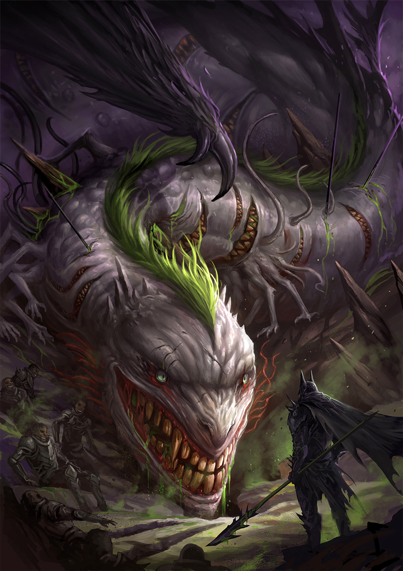 Illustration for article titled The Joker is all smiles as a nightmarish dragon facing the Dark Knight